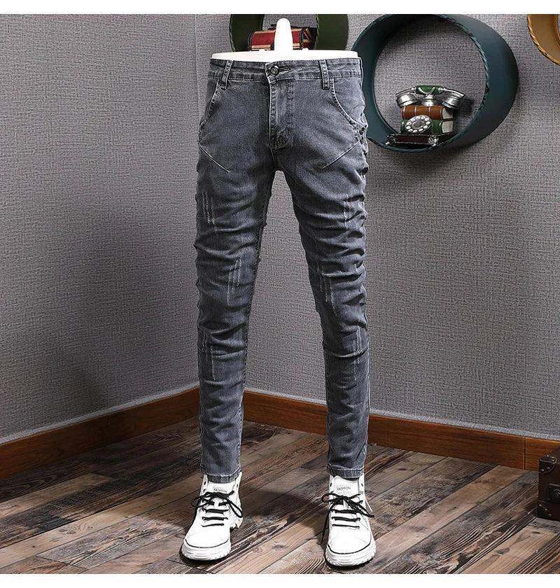 Retro Gray Stretch Slim Ripped Jeans