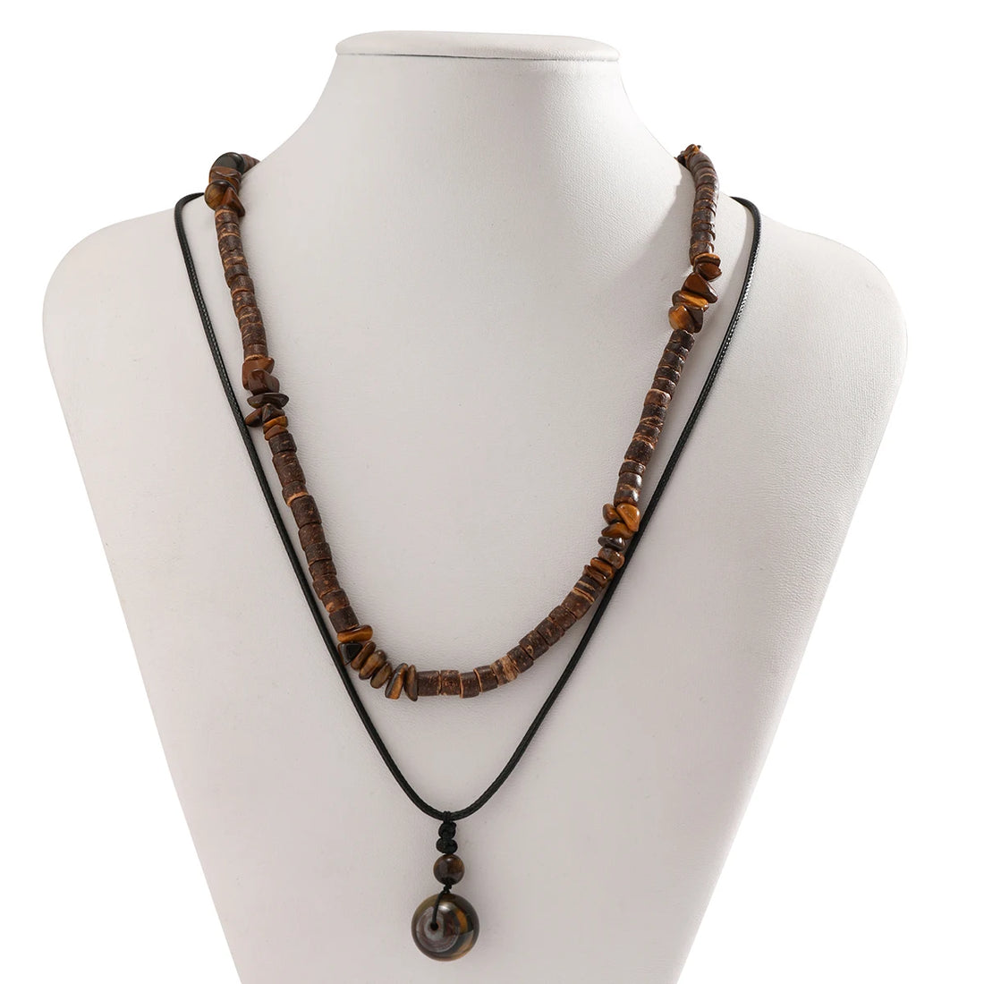 Stone and Wood Bead Chain with Ball Pendant Necklace