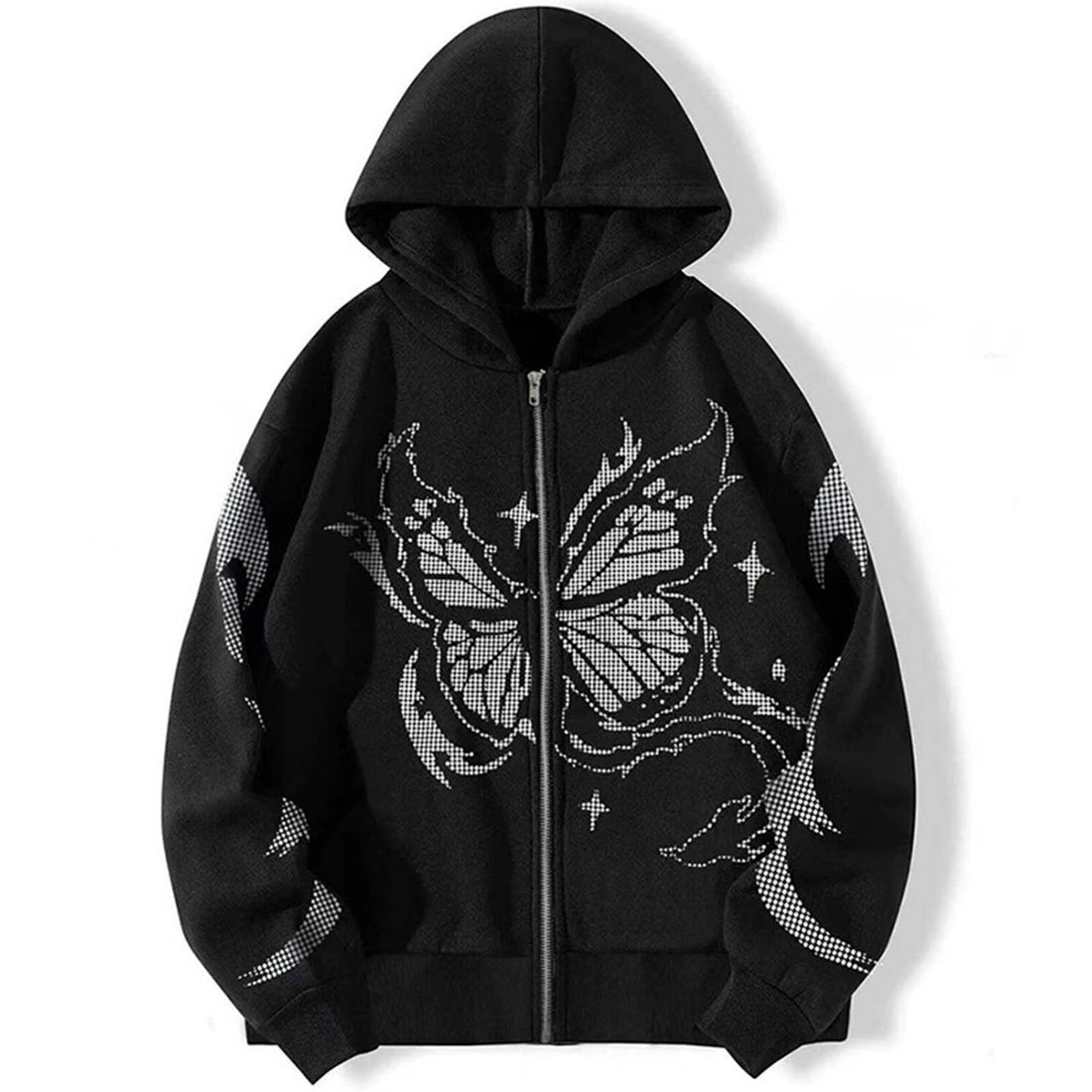 Y2k Women Gothic Black Zip Up Oversize Harajuku Hooded Butterfly Print Sweatshirts Stitch Loose Lovers Wear Hoodie Autumn Winter