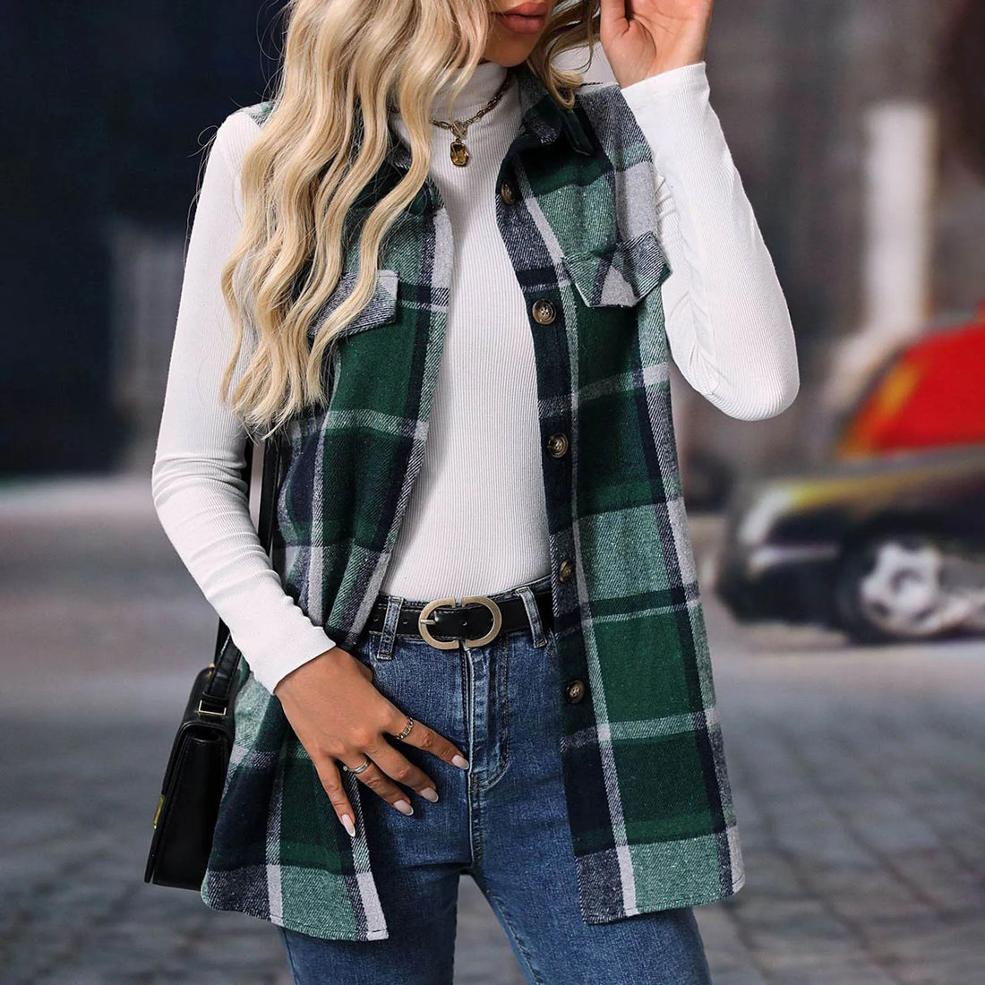 Women Fashion Plaid Sleeveless Vest For 2024 Autumn And Winter Pocket Decoration Loose Button Long Vests Jackets For Woman