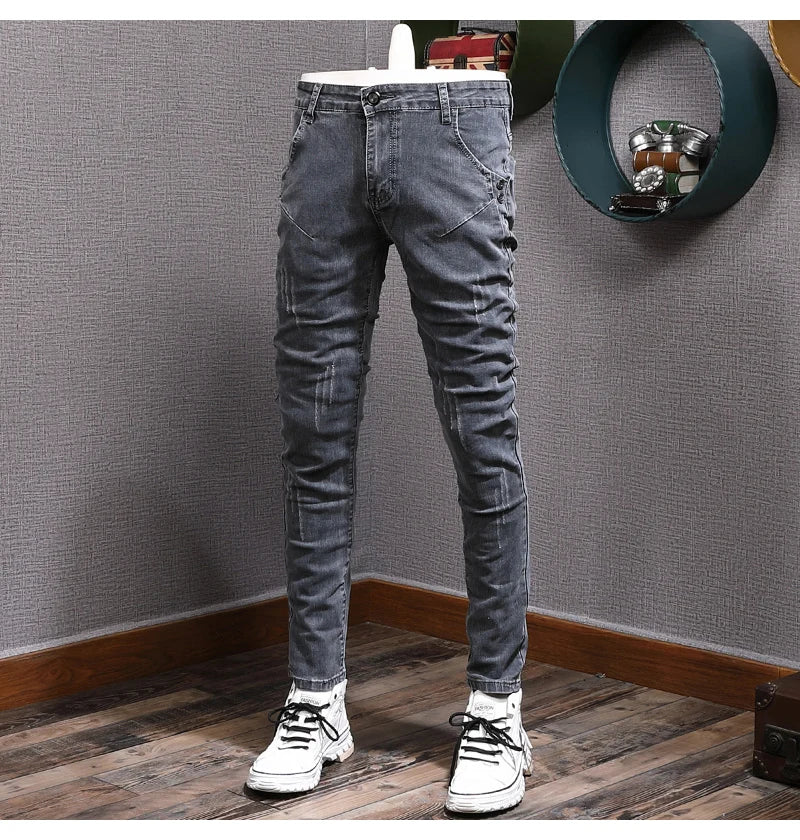 Retro Gray Stretch Slim Ripped Jeans