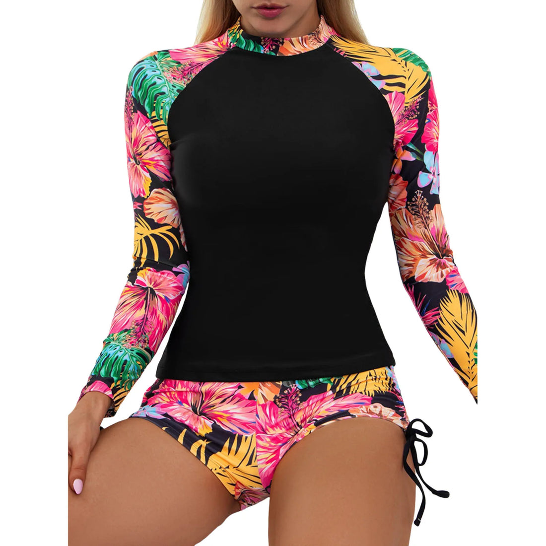 Women's Conservative Bathing Suit Long Sleeve Floral Print Side Drawstring Split Swimsuit Summer Simple Two Piece Swimsuit