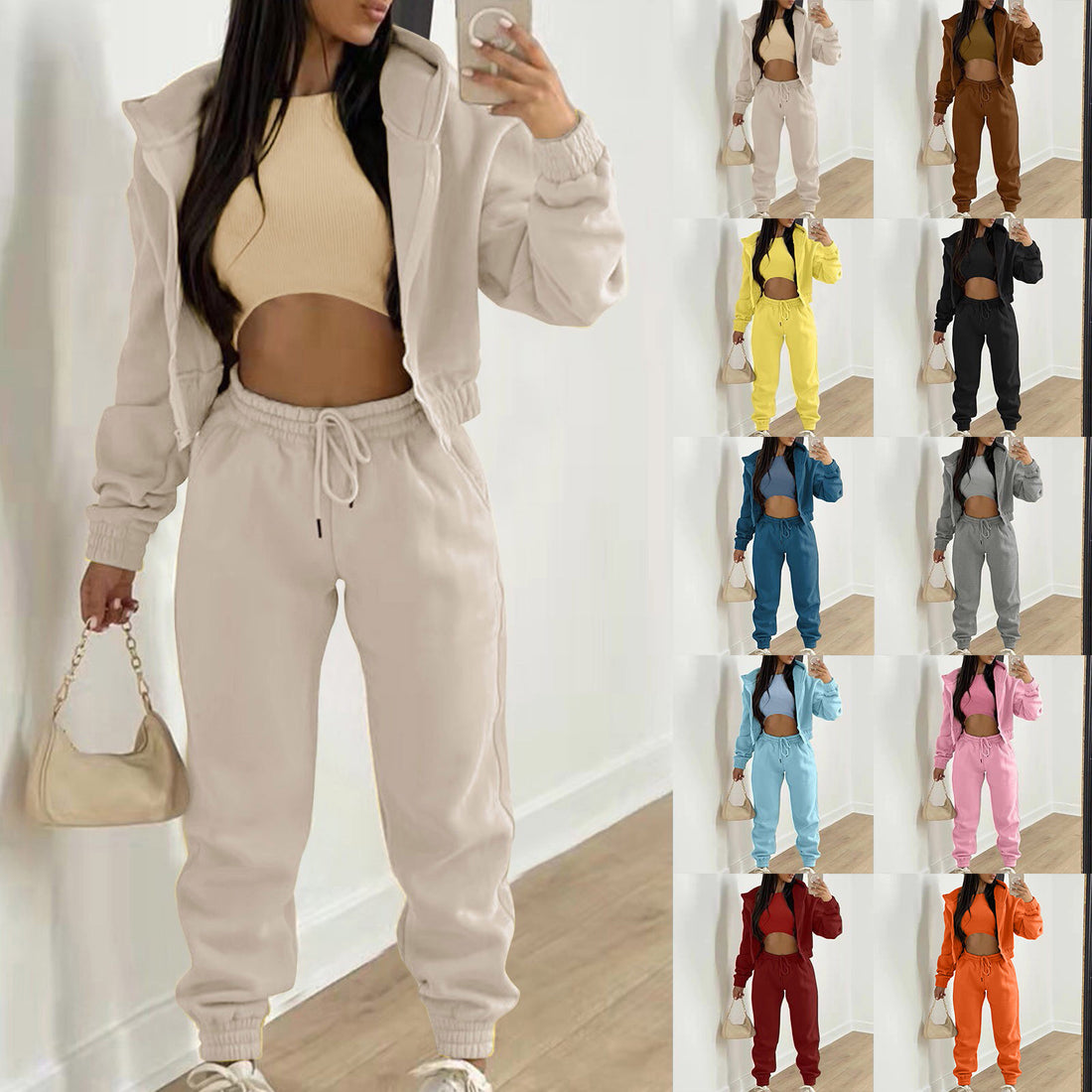 Women'S Casual Tracksuit Autumn And Winter Top Vest Pant Set Fashionable Solid Color Zipper Hooded Sweatshirt Women Pant Suit