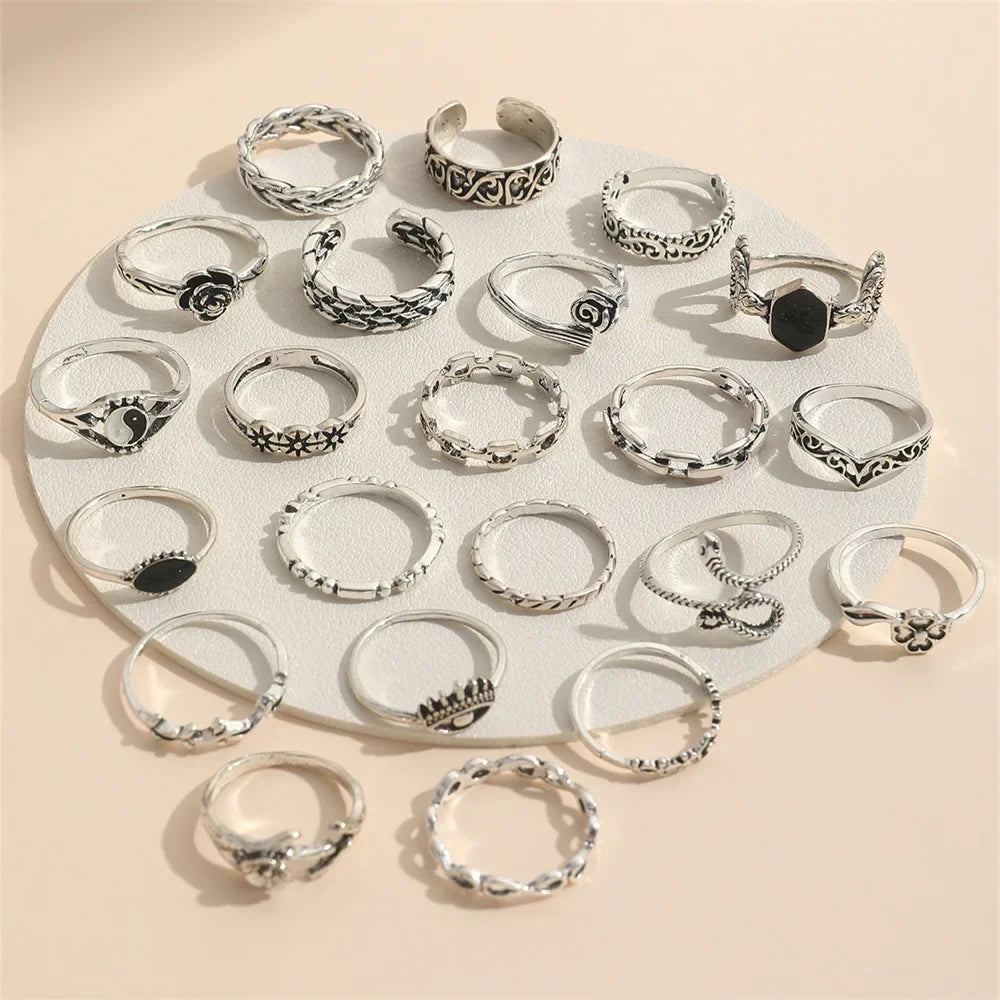 22pcs Punk Style Butterfly Heart And Tai Chi Snake Rings