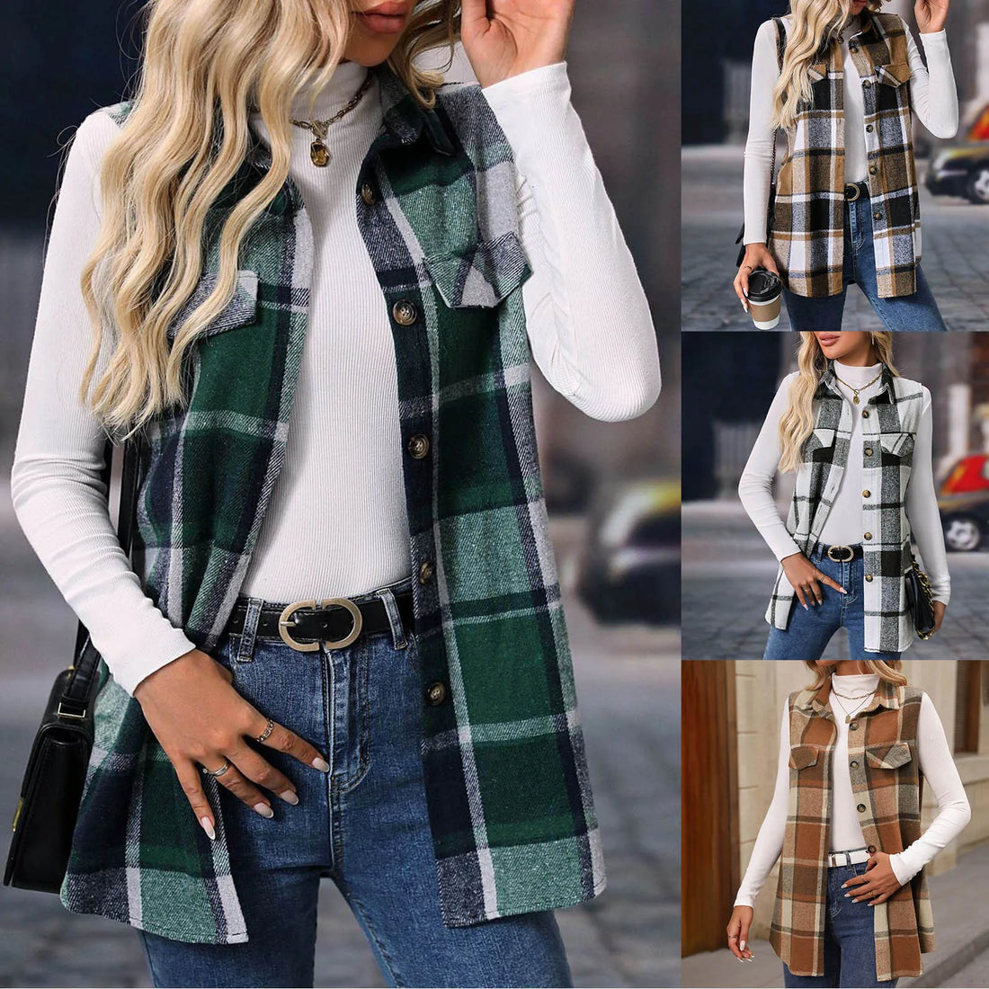 Women Fashion Plaid Sleeveless Vest For 2024 Autumn And Winter Pocket Decoration Loose Button Long Vests Jackets For Woman