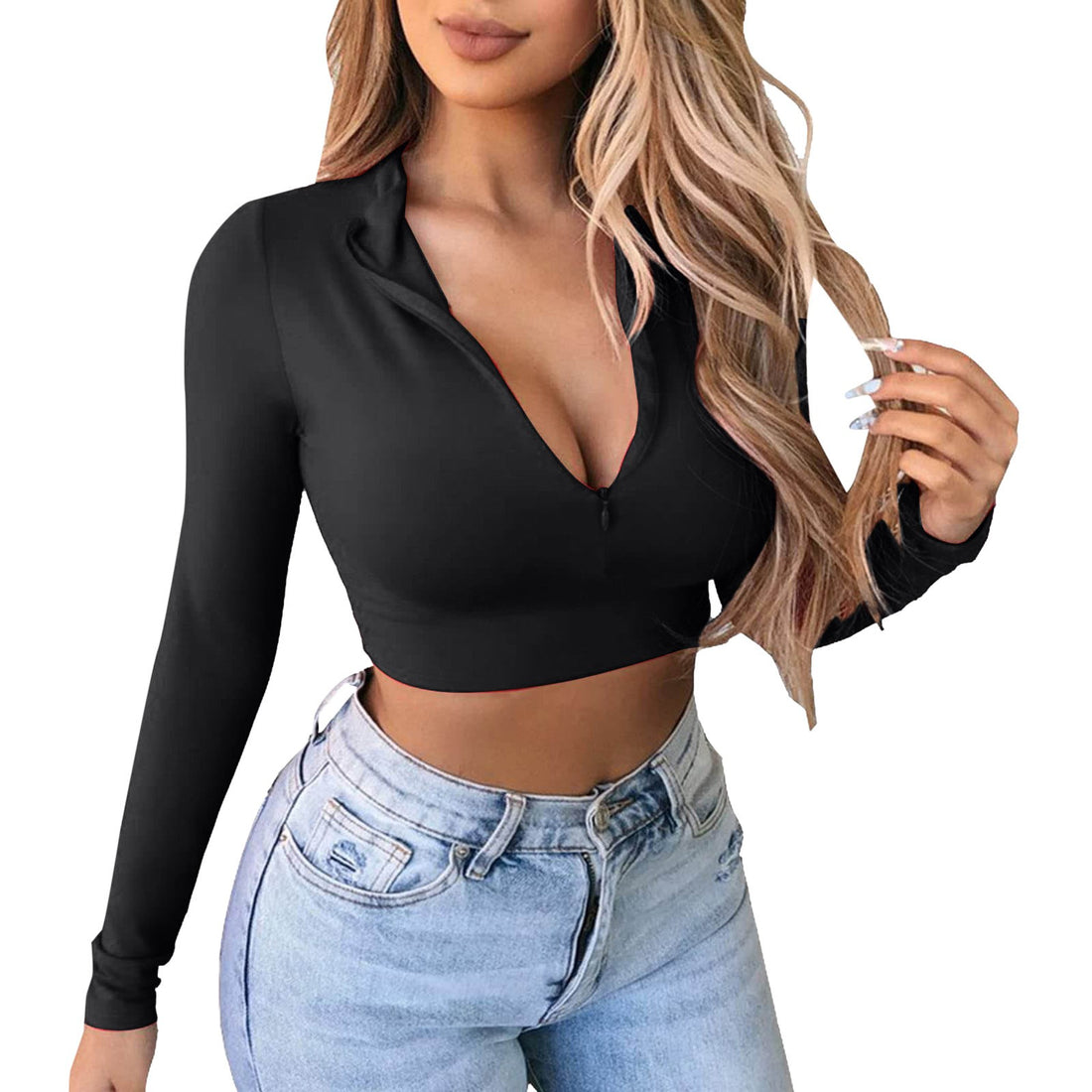 Y2K Zip T Shirt Women Long Sleeve Crop Tops Sexy Slim Fit Tees Female T-Shirts Fashion Ladies Solid Pullovers Causal T-Shirts