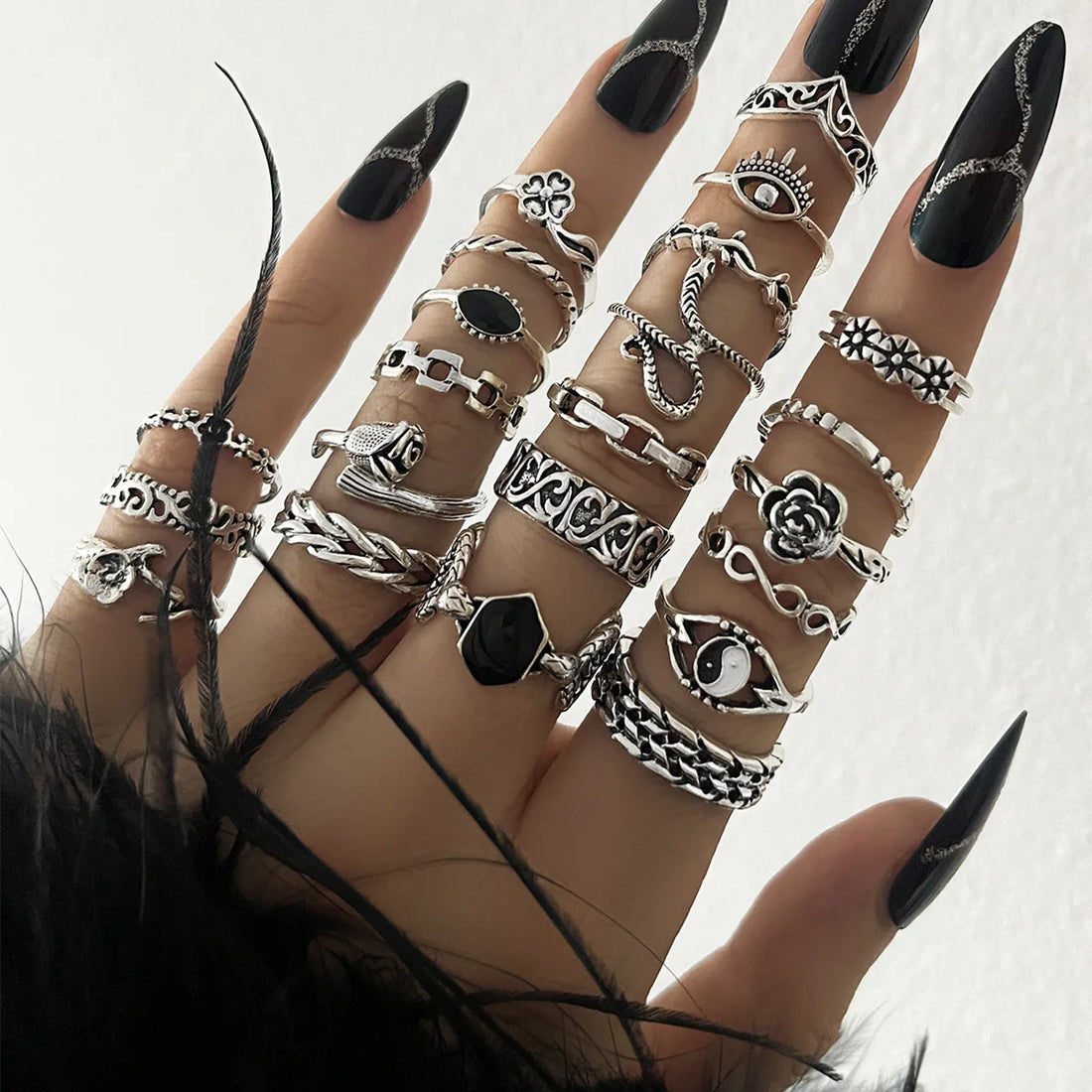 22pcs Punk Style Butterfly Heart And Tai Chi Snake Rings